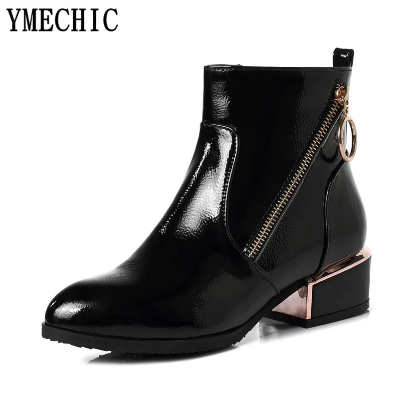 YMECHIC Fashion Pu Patent Leather Ankle Booties 2023 Woman Blue Black Wine Red Zipper Medium Chunky Heels Ladies Shoes Plus Size