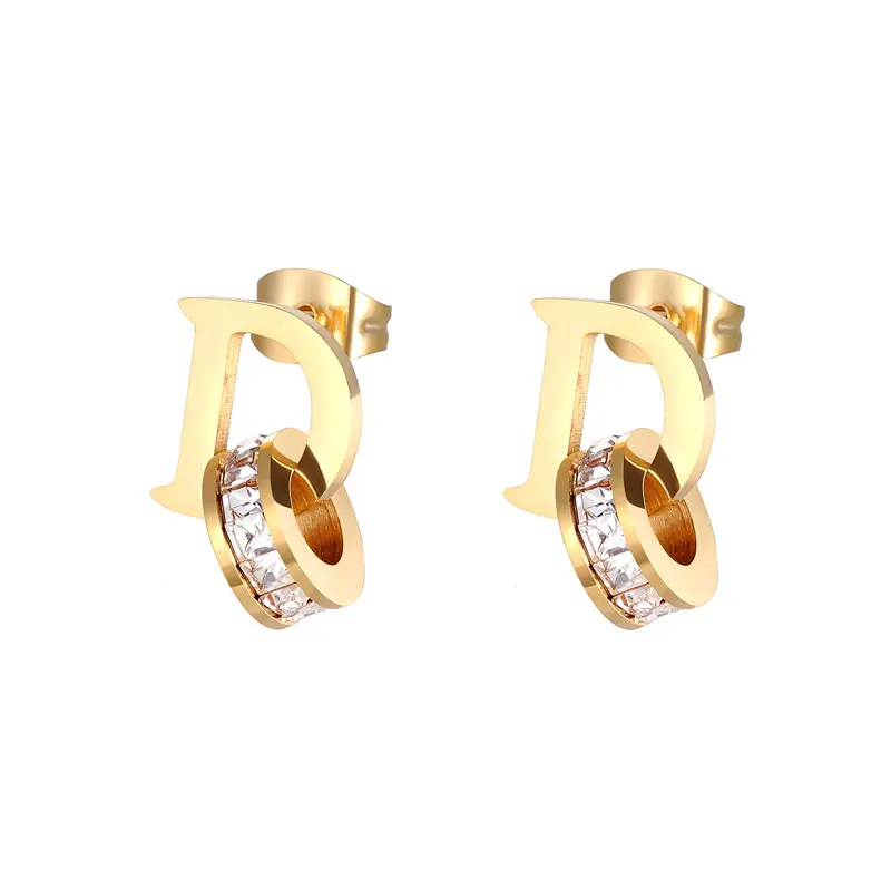 New beautiful D Letter Circle Crystal Stud Earring Stainless Steel High Quality Jewelry Brand Earring Love Gift wholesale