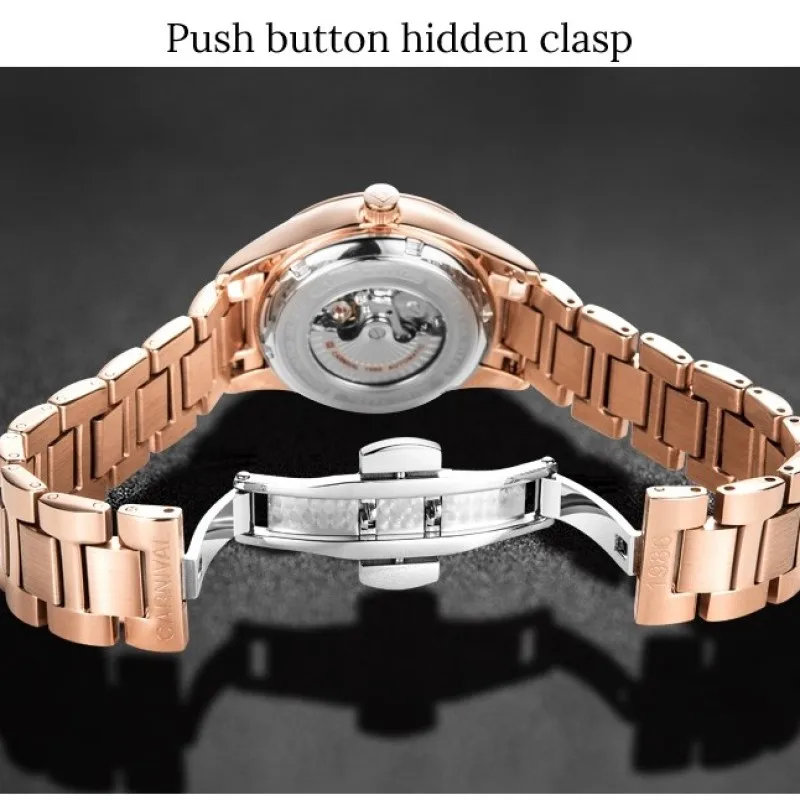 Fashion Skeleton Watch Women 2019 CARNIVAL Mechanical Watch Waterproof Calendar Sapphire Luminous Full Steel Women Watches Gold