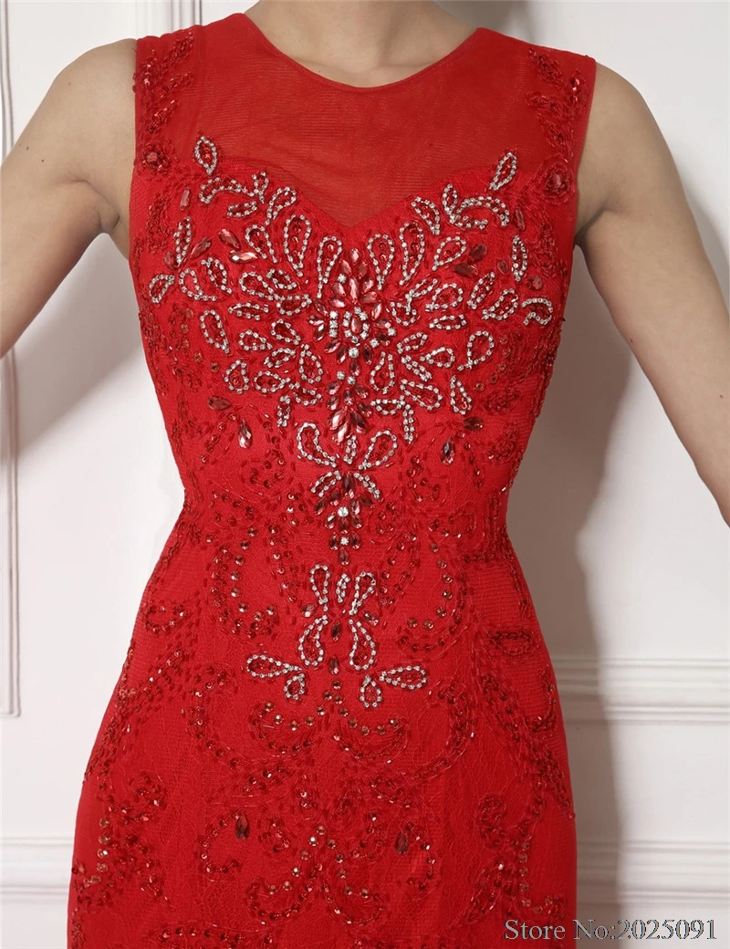 2019 New Red Lace Evening Dresses Xem Mặc Dù Pha Lê Hạt Vestido Longo longo Trang Phục Chính Thức Evening Gowns Dresses