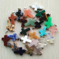 Wholesale 50pcs/lot  Fashion hot sell natural stone mixed color assort  cross pendants Charms fit Necklaces jewelry making