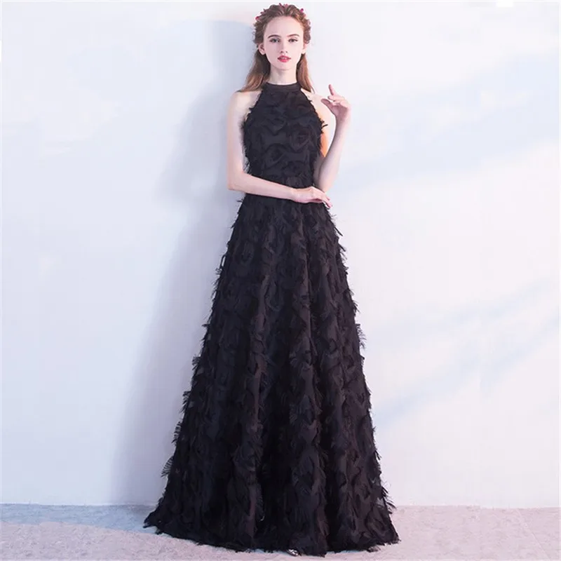 

Beauty Emily Evening Dress 2020 Black Halter Collar Sexy Sleeveless Elegant A-line Dinner Party Frocks Dress Floor Length