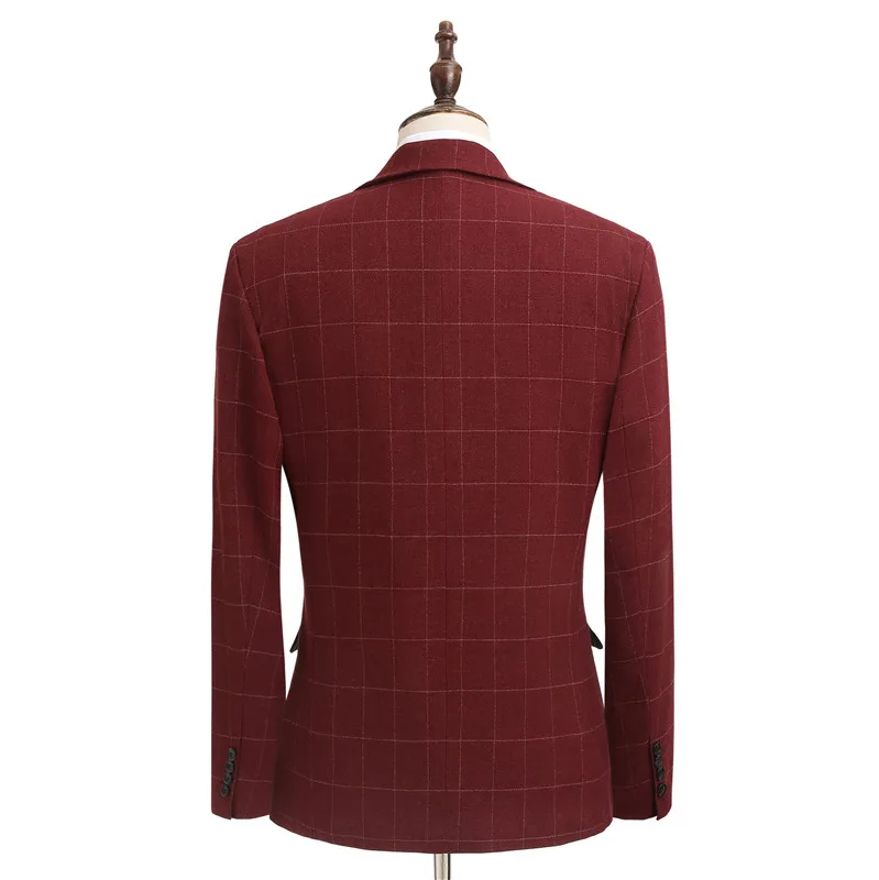 New Burgundy Mens Plaid Suit 3 Pieces Wool Tweed Tuxedos Blazer Formal Business & Groomsmen Suits For Wedding(Blazer+Vest+Pants)