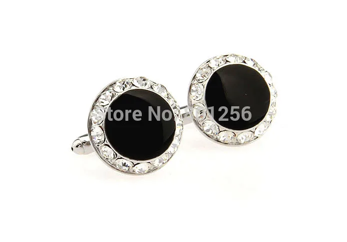 Free shipping Button Cufflinks black color top crystal round design hotsale copper material cufflinks whoelsale&retail