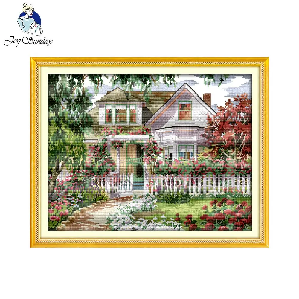 Joy Sunday Scenery style Garden Villa cross stitch alphabet designs stamped or counted needle work kits stitch kits online