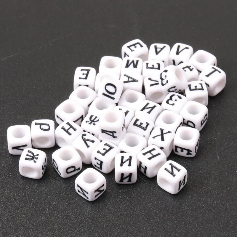 200PCs Mixed white Acrylic Russian Alphabet Letter Flat Cube Pony Beads For Jewelry Making 6x6mm