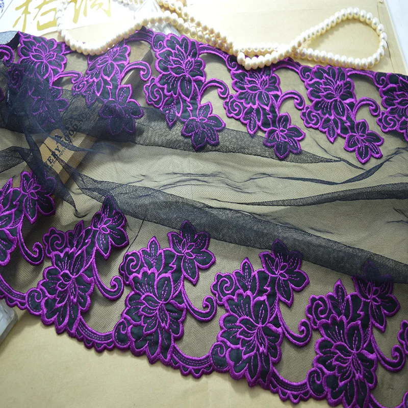 33CM Width (2Yards/lot)Embroide Black Mesh Dark Purple Mirror Flowers Underwear Lace Fabrics Embroidered Lace Trim Dress Skirt