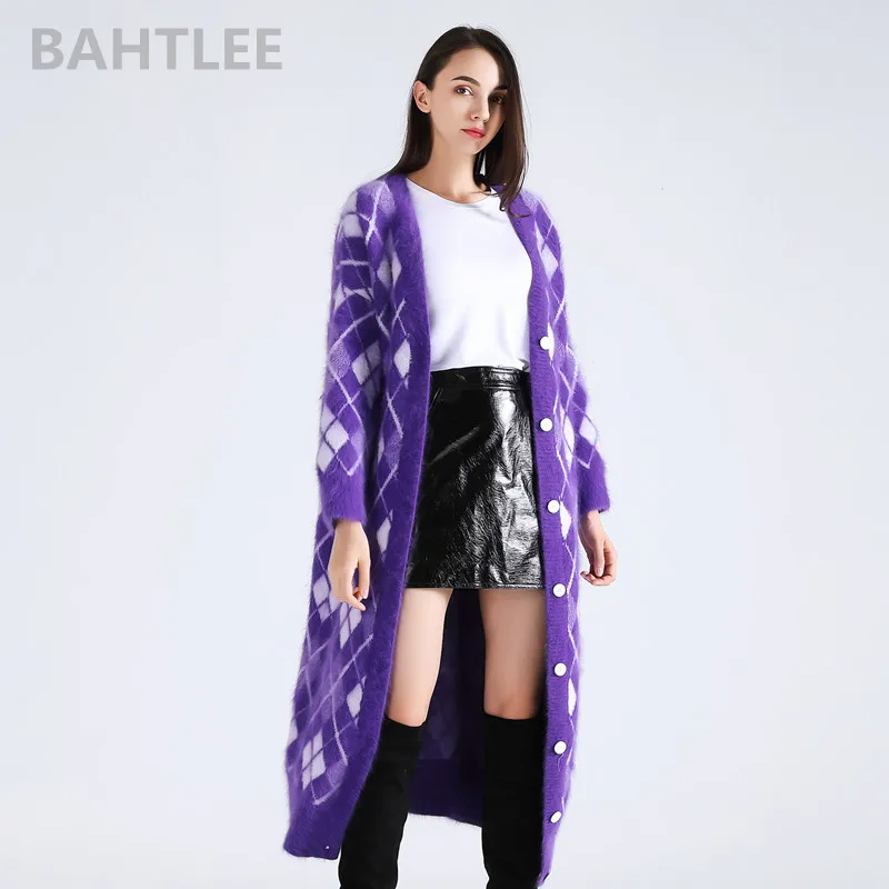 BAHTLEE-Women\'s Angora Surper Long Cardigans, Knitting Sweater, Mink Cashmere, Loose, Keep Warm, Geometric Pattern, Pocket, Wint