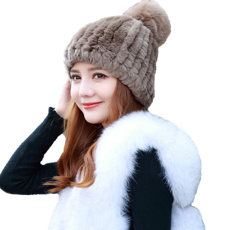 

Women Real Rex Rabbit Fur Beanies Caps With Fox Fur Pom Pom Hand-Woven Double Sides Tight Knit High Elastic