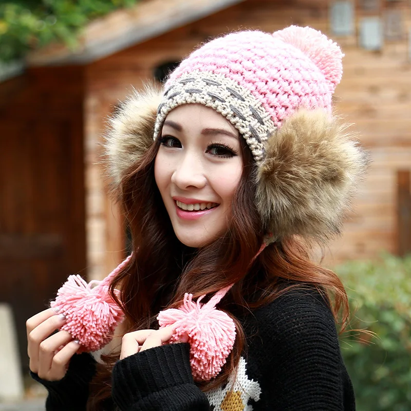 

BomHCS Luxurious Fashion Winter Women Warm Handmade Knit Hat Lady Hair Ball Ear Muff Knitted Hat Beanie Wool Crochet Cap