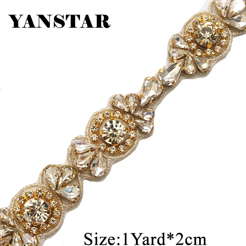 YANSTAR Wholesale Rhinestones Trim Iron On Wedding Dresses Belt  Rhinetones Clear Rose Gold CrystalYS926