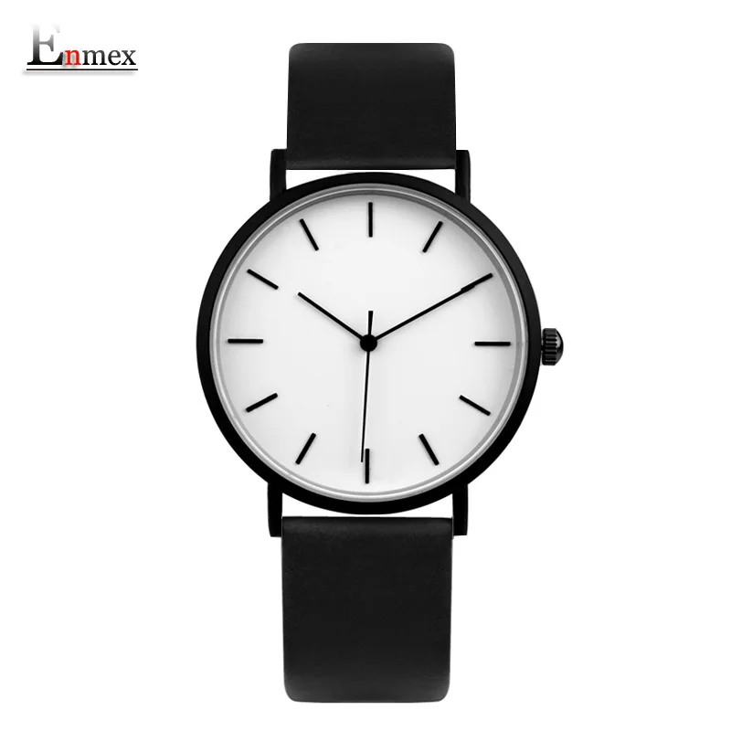 Enmex cool style men wristwatch Brief vogue simple stylish Black and white face leathe  quartz clock fashion watches for mens