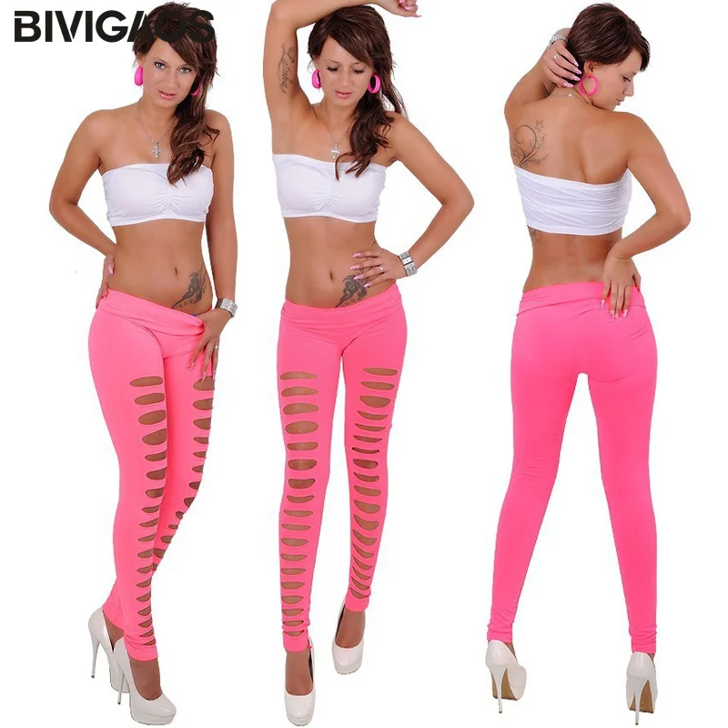 BIVIGAOS Fashion Hot Sale Womens Gothic Punk Candy Color Front Holes Sexy Low Waist Elastic Leggings Fitness Pants Pantalones