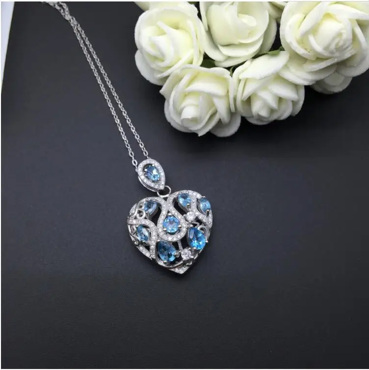 

Natural blue topaz necklace pendant Love heart style Origin real blue topaz 925 sterling silver Free shipping 4mm 8pcs