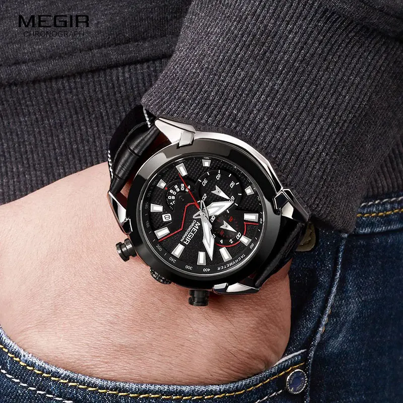 MEGIR Men\'s Top Brand Quartz Watches Leather Chronograph Quartz Wristwatch Military Sports Relogios Masculino relojes 2065 Black