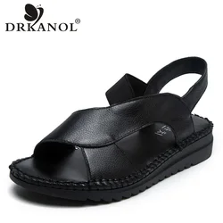 DRKANOL Genuine Leather Sandals Women Flat Gladiator Sandals Women Summer Shoes Handmade Slip On Open Toe Sandals Female Black