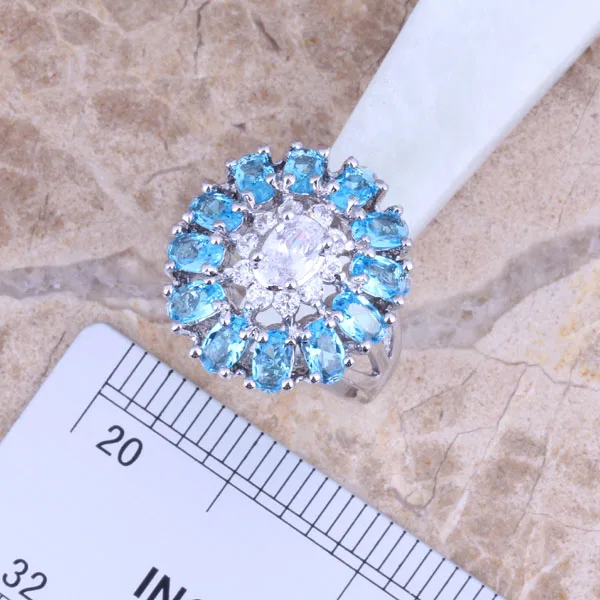 Lovely Sky Blue Cubic Zirconia White CZ Silver Plated Jewelry Sets Earrings Pendant Ring Size 6 / 7 / 8 / 9 / 10 S0426