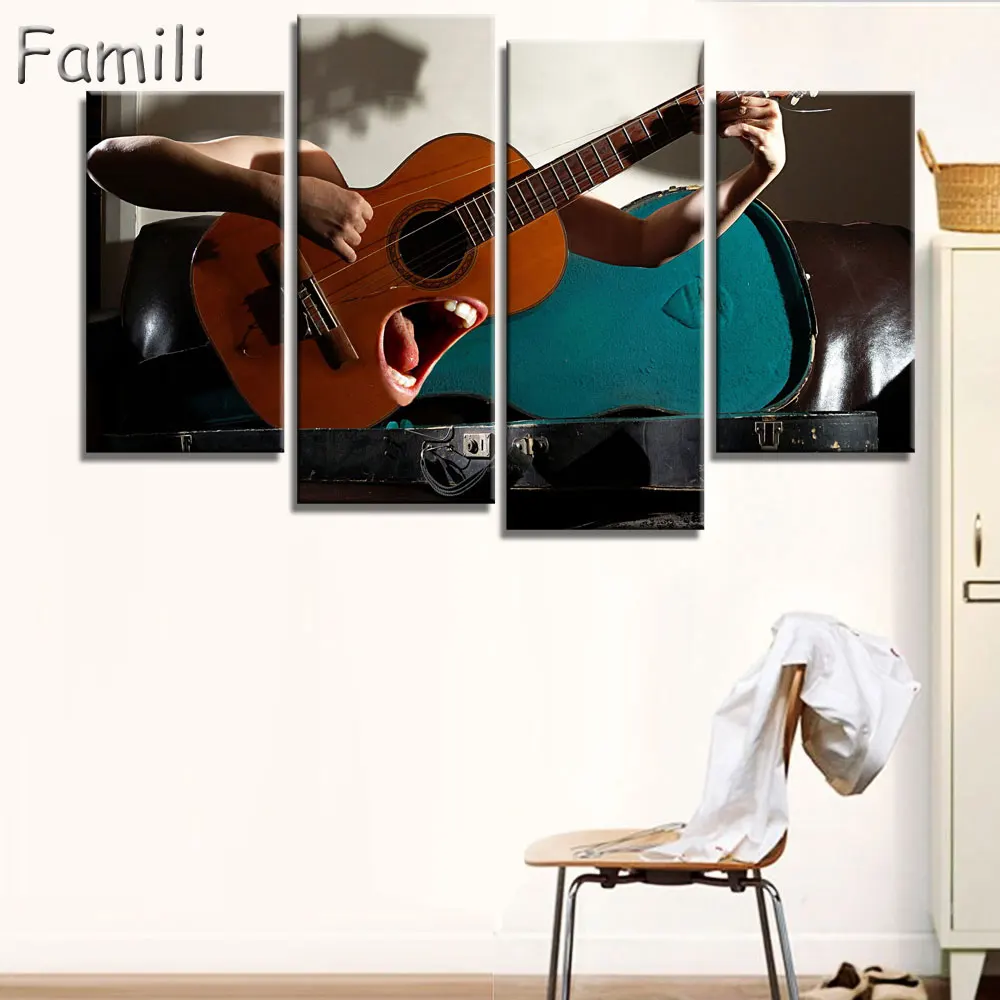 Canvas Wall Art UnFramed Home Decor Pictures 4 Pieces Electric Guitar Paintings Vintage Music Instrument Posters HD Printed PENG