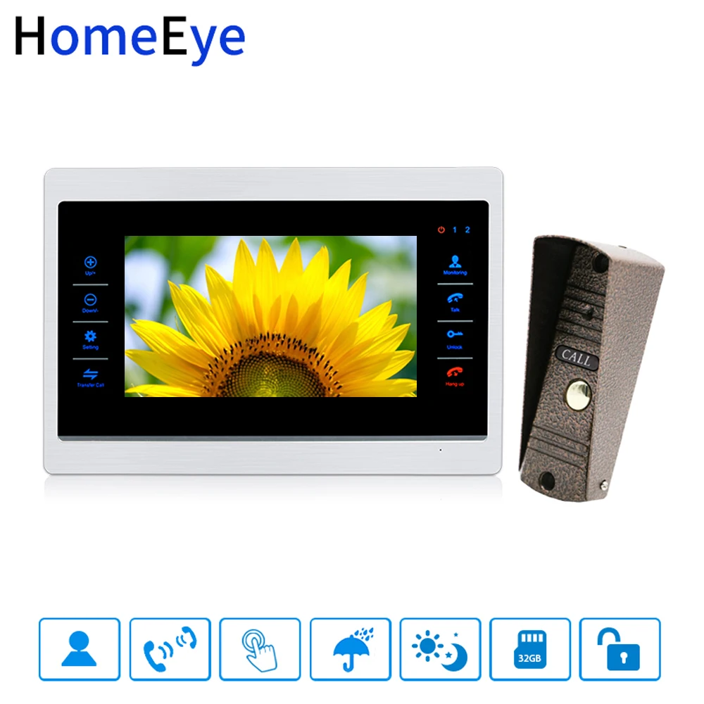 HomeEye 7 inch Video Doorbell Video Intercom Motion Detection Voice Message OSD Menu Touch Button Home Security Access System