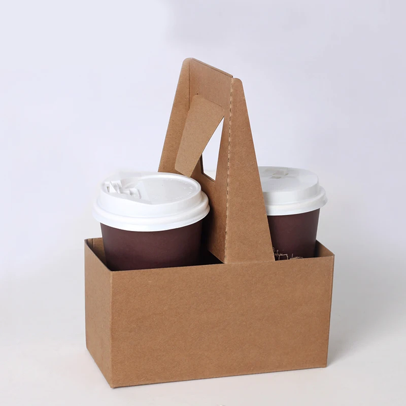 Take-out Kraft Paper Cup Holder Clip Disposable Coffee Drink Tray Base with Handle for 2 cup Party Supplies 10pcs/lot SK801