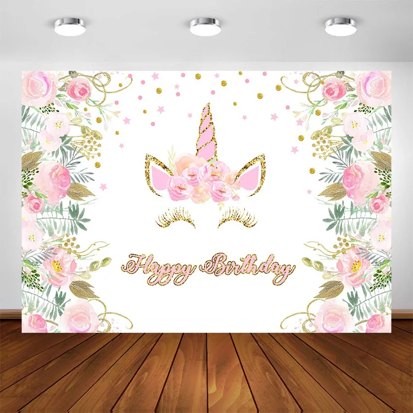 

Unicorn Backdrop for Photography Floral Kids Girl Happy Birthday Banner Background for Party Decoration Photo Booth Studio