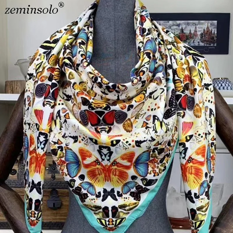 100% Silk Scarf Women Large Shawls Floral Printed Stoles Square Bandana Luxury Brand Kerchief Scarves Female Foulards 130*130cm