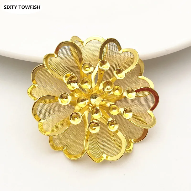 10 Pieces 39mm Gold color/White K Metal Filigree Flowers Slice  Bases Hair Jewelry DIY Components Home Decoration Wholesale