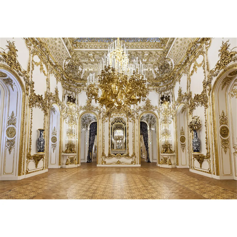 

Luxury Palace Princess Birthday Party Photography Backdrop Gold Chandelier Carvings White Wall Interior Castle Photo Background