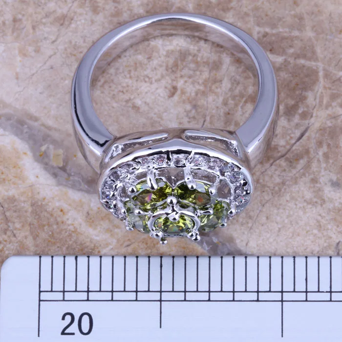 Fascinating Green Peridot White CZ Silver Plated  Ring Size 6 / 7 / 8 / 9 R0243