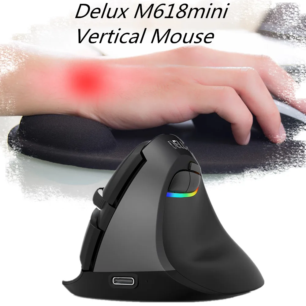 Delux M618Mini Ergonomic Wireless Vertical Mouse Bluetooth 2.4GHz Rechargeable Battery Mice RGB For Wrist and Hand Strain