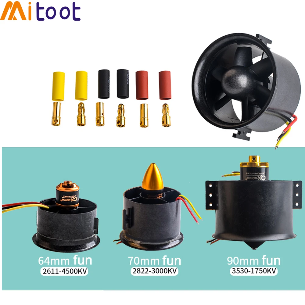 Ventilatore condotto 70mm + motore 3000kv Spindle-4mm/ventilatore 64mm + motore 4500kv/ventilatore condotto 90mm + motore 1750KV per jet RC EDF per