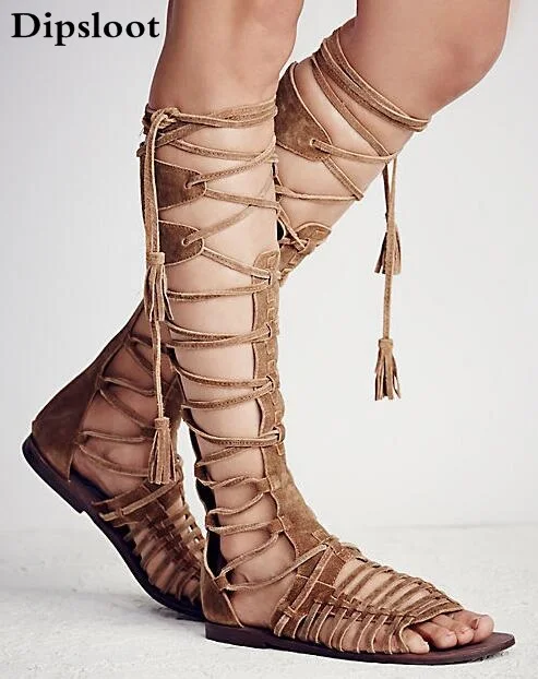 New 2017 Women Flat Gladiator Knee High Boots Suede Leather High Quality Sandal Boots Lace Up Sexy Summer Bohemia Ladies Boots