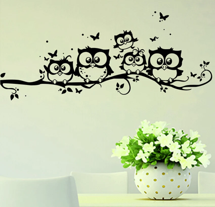 Cartoon Cute Owl On Tree Wall Sticker Living Room Background Animals Art Decals For Kids Room Decorations Removable Stickers