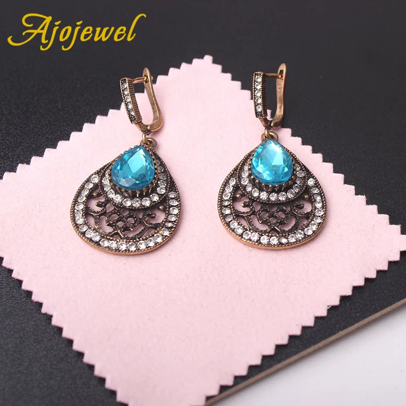 Ajojewel Vintage Style Blue Crystal Water Drop Earrings For Women With Rhinestone Antique Gold Color Retro Jewelry Wholesale