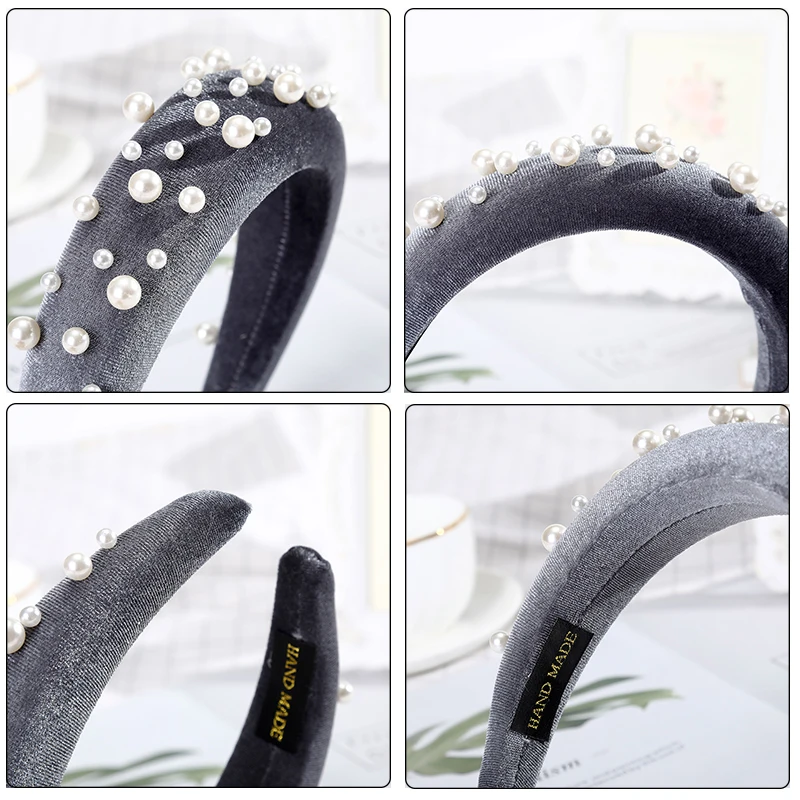 AWAYTR Pearl Headband Special Design Pearl Stone Velvet Hairbands Handmade Women Crown Sponge Thick Head Hoop for Girls