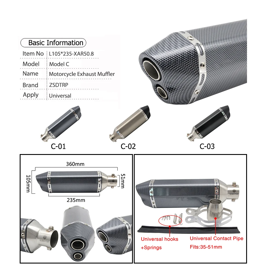 Sclmotos- 35-51mm Motorcycle Scooter ATV Exhaust Muffler Pipe Escape Moto for Honda CBR250 CB400 YZF FZ400 Z750 NINJA TMAX530