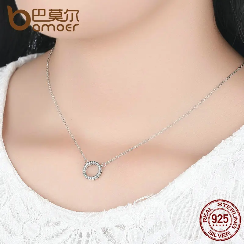 BAMOER 925 Sterling Silver Hearts of Brand Clear Zircon Round Shape Pendant Necklace for Women Party Fine Jewelry 17.71'' PSN010