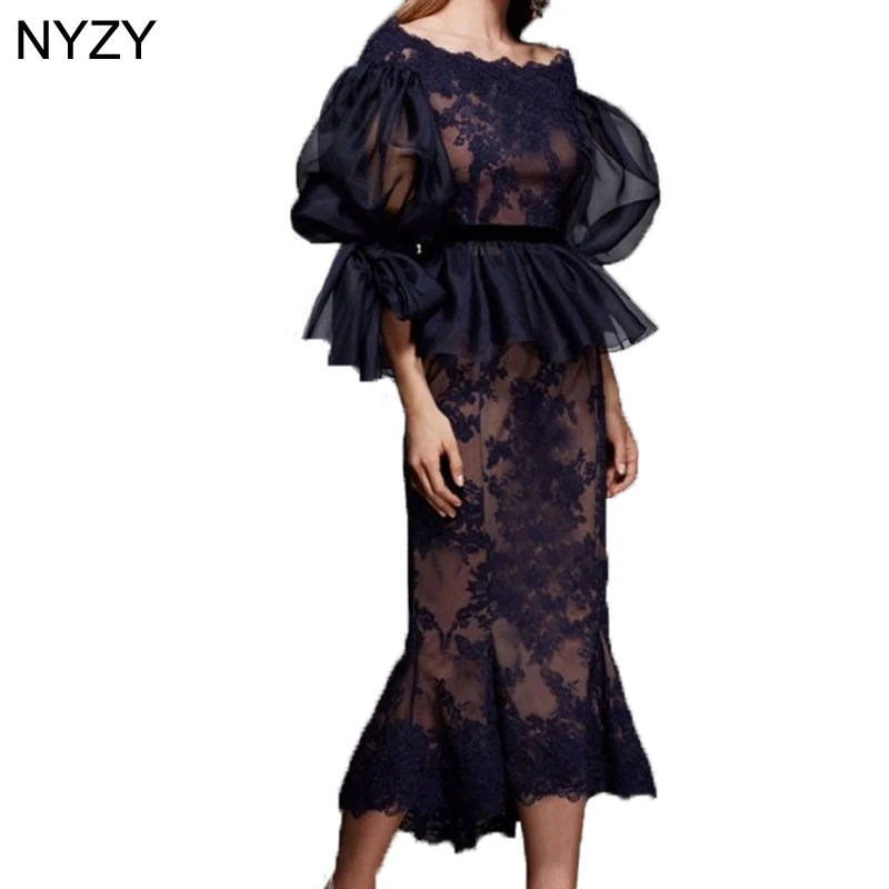 NYZY M4 Elegante Del Partito Del Vestito Robe Vestido Vestito Convenzionale di Lunghezza Del Tè Del Merletto Appliques Navy Nudo Madre della Sposa abiti da Sposo abiti 2019