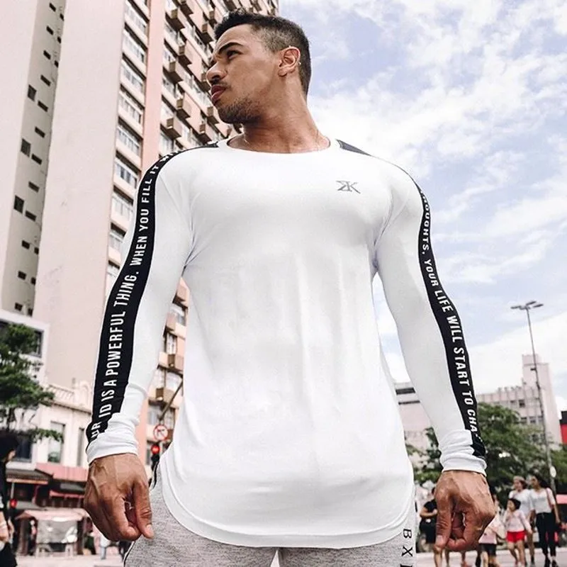 Men Bodybuilding Long sleeve t shirt Man Casual Fashion Print Slim T-Shirt Male Gyms Fitness Workout Tees Tops Jogger Clothing