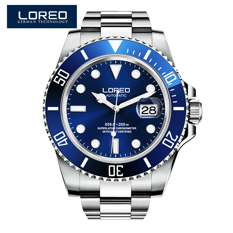 LOREO Sapphire Automatic Mechanical Watch Men Silver Stainless Steel Waterproof Blue Dial Watch Relogio Masculine