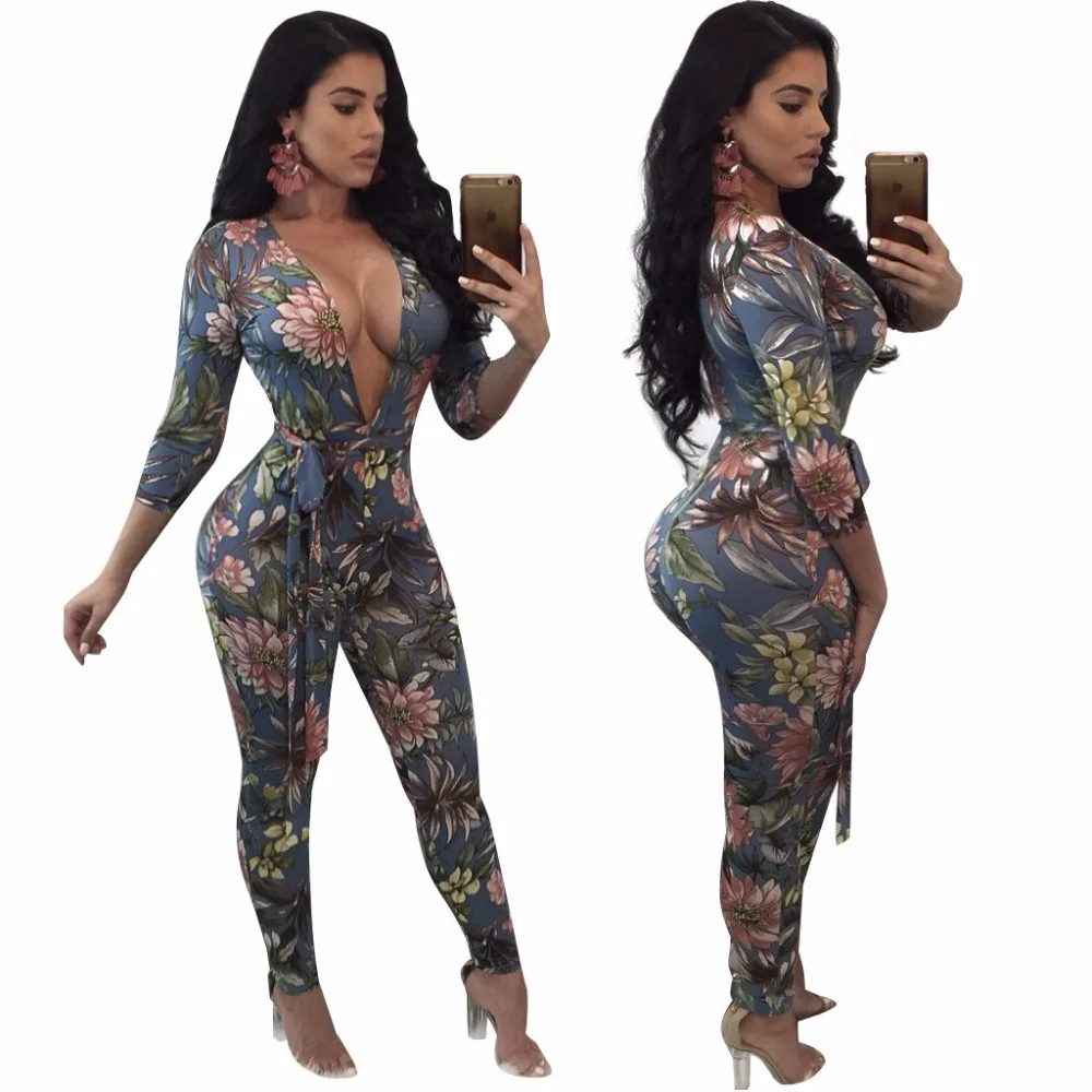 

2019 Autumn Women Bow Sexy jumpsuit Body Flower Pattern V-neck bodysuit Plus size clothes Zipper Print Playsuits