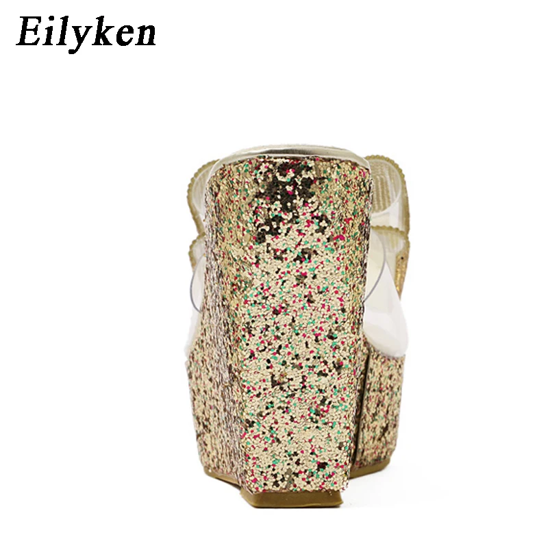 Eilyken PVC Transparent Slippers Women Summer Toe Platform Bow Crystal Slide Wedge Sandals Size 34-40