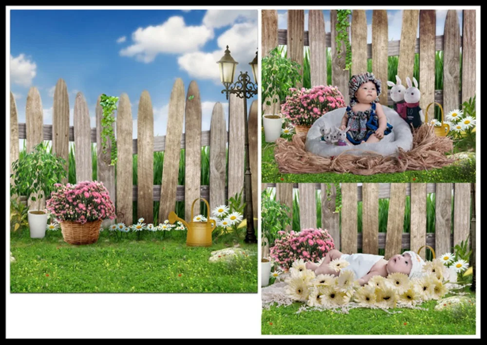 Fotografia de vinil backdrops primavera flores grama céu azul nuvens crianças chuveiro do bebê foto fundo para estúdio foto cm-6664