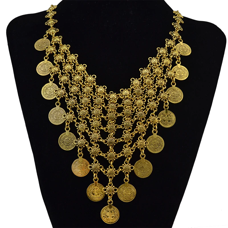 Gypsy Bohemian Ethnic Gold Color Turkish Gypsy Bib Coin Necklace Boho Beach Choker Necklace for Women Indian Jewelry