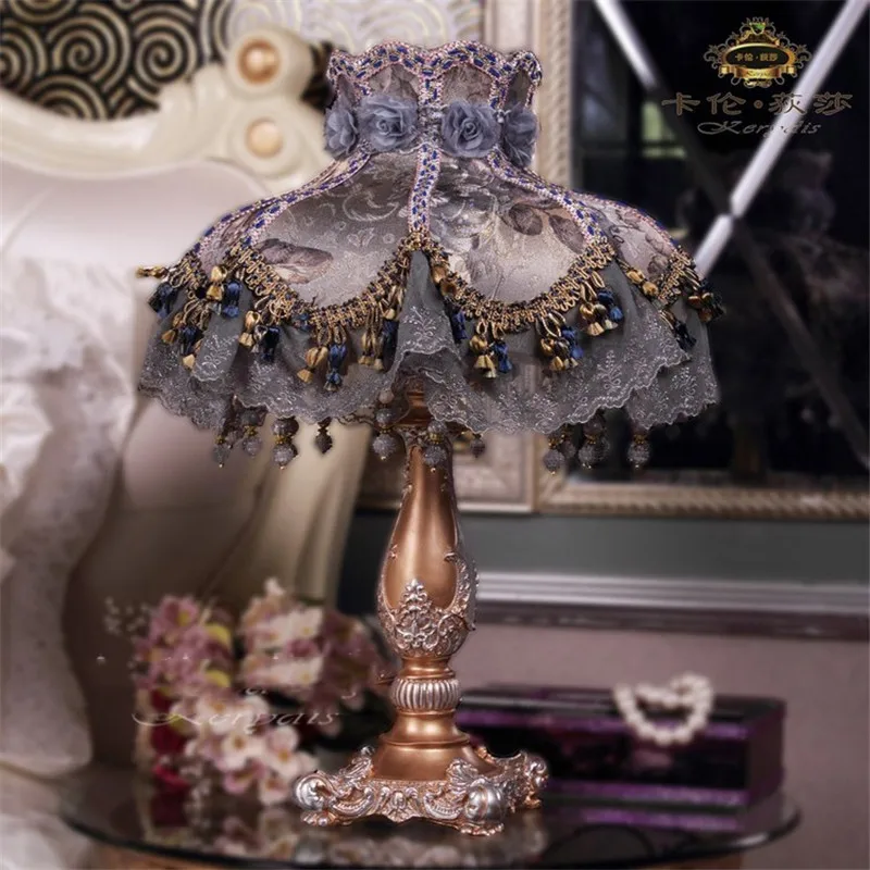 

High grade European luxury resin Violet table lamp living room bedside lamp French lace decorating table lamp free shipping