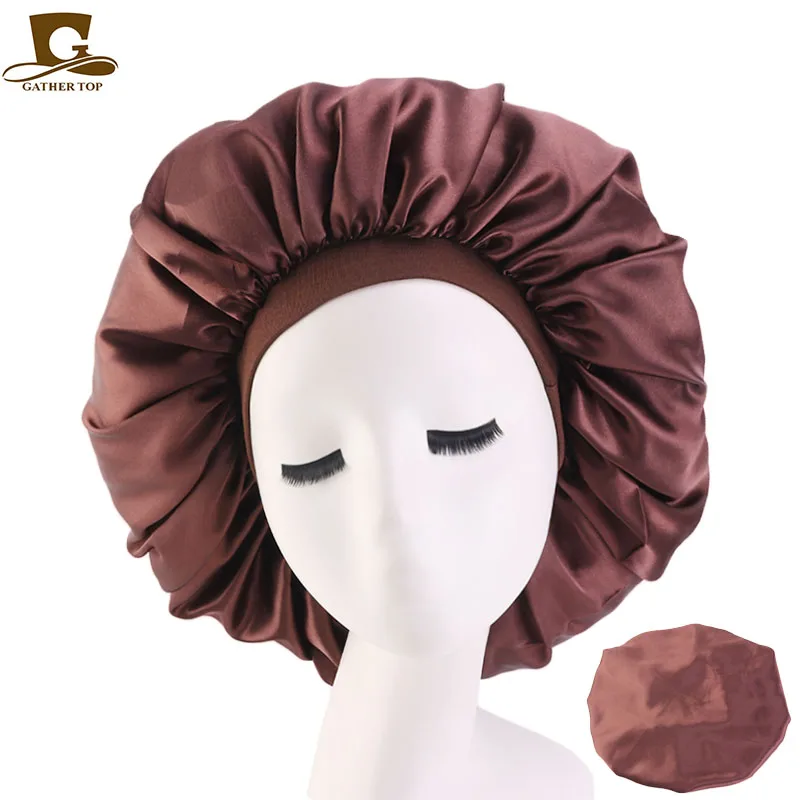 New Women Big Size Beauty print Satin Silky Bonnet Sleep Night Cap Head Cover Bonnet Hat for For Curly Springy Hair Black