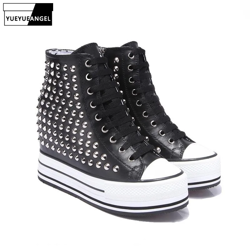 Increasing Height Women High Top Genuine Leather Platform Shoes Rivets Studded Sneakers Streetwear Hip Hop Shoes New 18 Designer