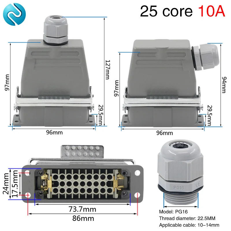 Rectangular Heavy Duty Connector HDC-HD-025 25 Core Pins Waterproof Aviation Industrial Machine Tool Plug Socket 10A 250V