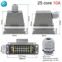 Rectangular Heavy Duty Connector HDC-HD-025 25 Core Pins Waterproof Aviation Industrial Machine Tool Plug Socket 10A 250V