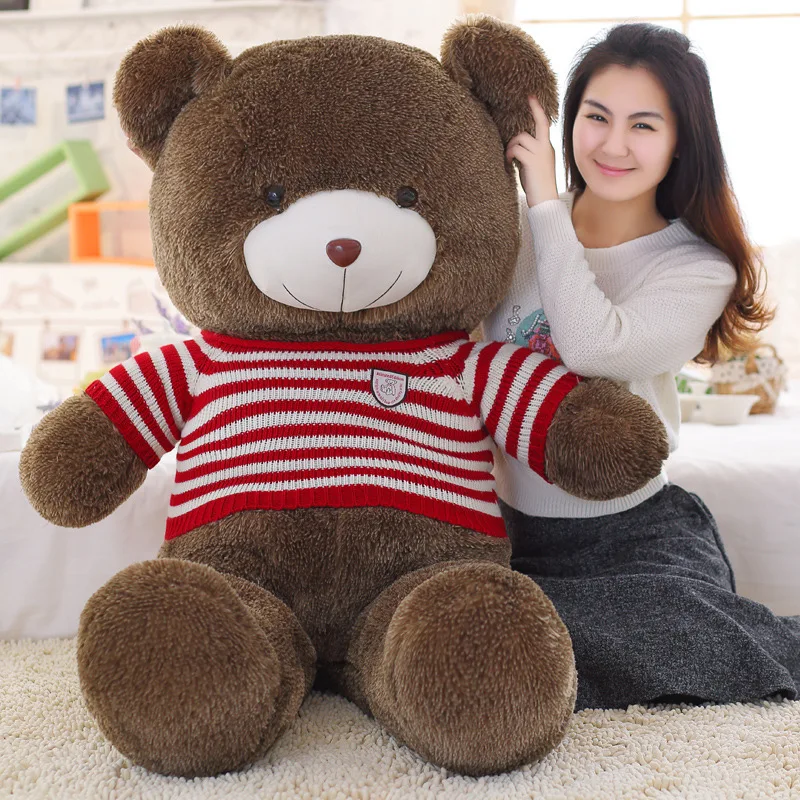 stuffed fillings toy large 140cm red stripes sweater brown teddy bear soft doll sleeping pillow Christmas gift s2461